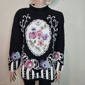 Cullinane  Black Floral Pearl Beads Womens Knit Sweater Medium Cottage Core Vtg